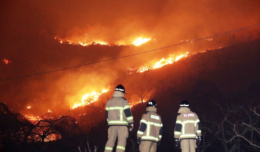 밀양 산불 야간 진화 시작
