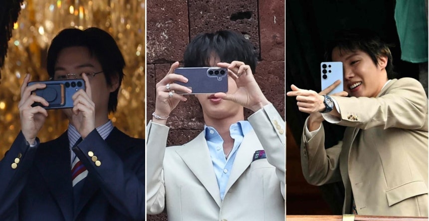 왼쪽부터 갤럭시S26 시리즈로 팬들을 찍고 있는 슈가,진,제이홉./AFP연합,로이터연합뉴스