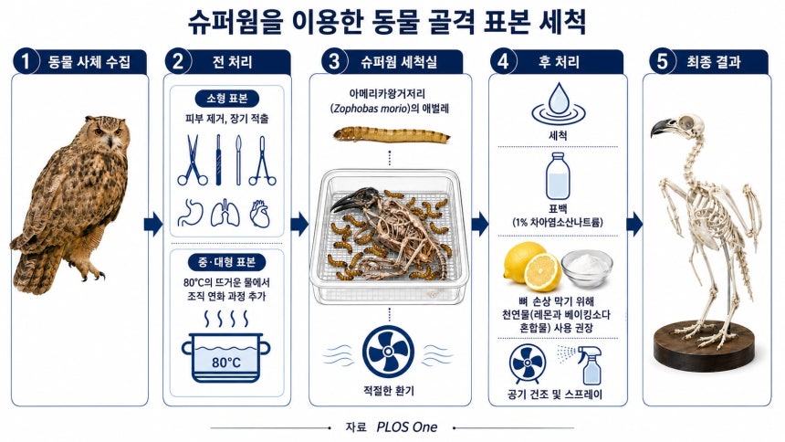 슈퍼웜 애벌레를 이용한 동물 골격 표본 제작 과정./자료 PLOS One