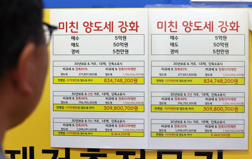 서울 강남권 한 부동산 중개업소에 양도세 관련 안내문이 붙어 있는 모습. /연합뉴스