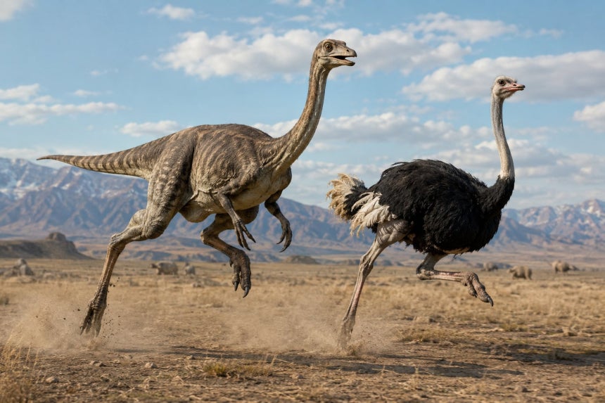 타조를 닮은 수각류 공룡인 갈리미무스(Gallimimus)가 타조와 같이 달리는 모습의 상상도.수각류 공룡 일부에서 이빨이 사라지고 위석이 오늘날 새처럼 둥근 모양으로 바뀌면서 조류로 진화했다./챗GPT 생성 이미