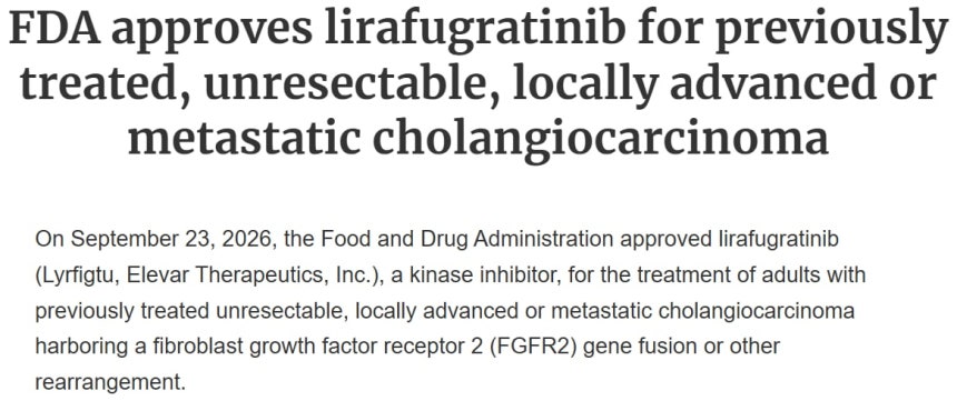 미국 식품의약국(FDA)은 지난 23일(현지 시각) HLB의 담관암 치료제 ‘리픽투(LYRFIGTU·성분명 리라푸그라티닙)’의 품목허가를 승인했다./FDA