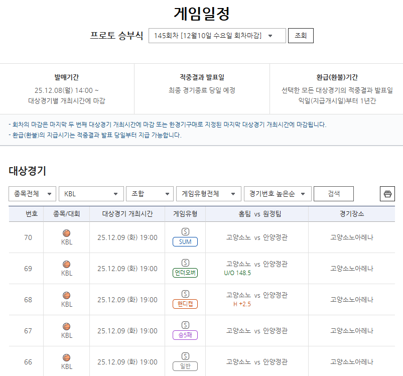 ‘고양<b>소노</b> vs 안양<b>정관장</b>’…주중 KBL <b>경기</b> 대상 프로토 승부식 145회차...
