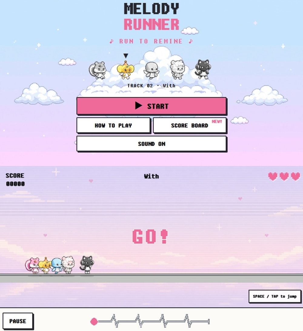 RESCENEのプロモーションサイト「MELODY RUNNER」のゲーム画面。5人のキャラクターと「With」の選曲画面が表示されている