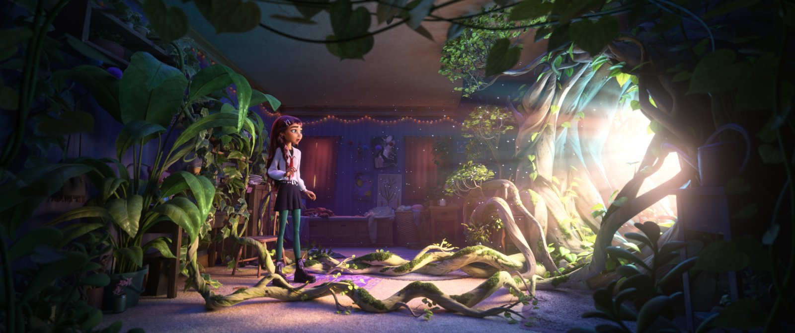植物が広がる部屋で、明るい光を放つポータルを見つめる少女ビリー
