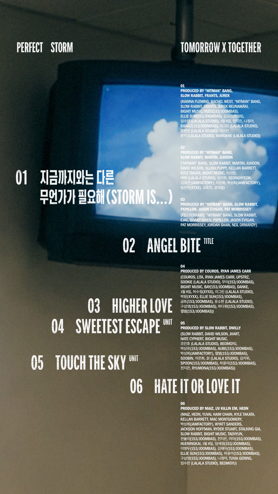 TXTの9thミニアルバム「PERFECT STORM」の全6曲を記したトラックリスト画像