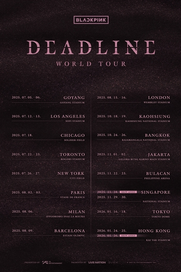 <b>블랙핑크</b>, <b>월드투어</b> ‘DEADLINE’ 싱가포르·홍콩 공연 추가 발표...규모...