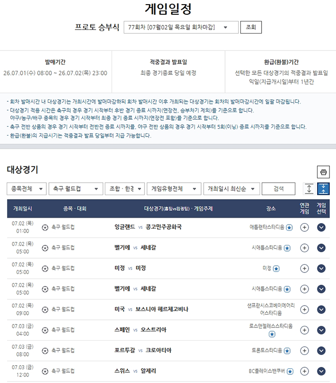 월드컵 32강 6경기 대상 프로토 승부식 77회차 발행