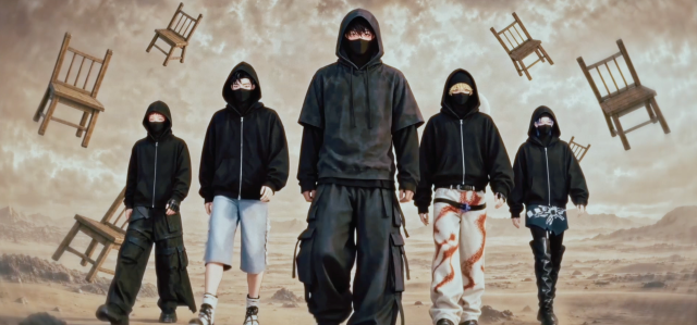 荒野を背景に黒いストリートファッションで並ぶB THE HOODの5人