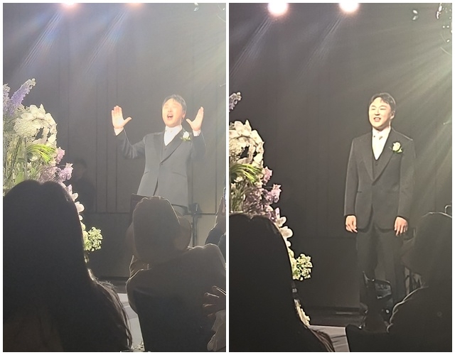結婚式で両手を上げ、喜びを表すパク・ビョンギュ