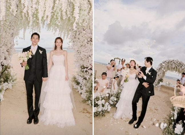 온주완♥방민아, 발리서 영화 같은 결혼식…하얀 꽃 아래 선남선녀