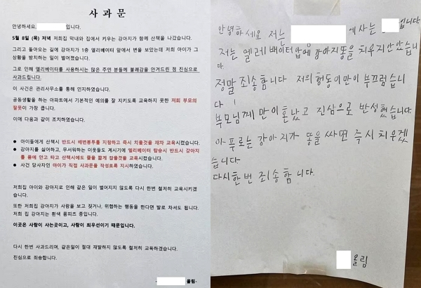 사진은 한 아파트에 붙은 사과문./사진=온라인 커뮤니티 캡처