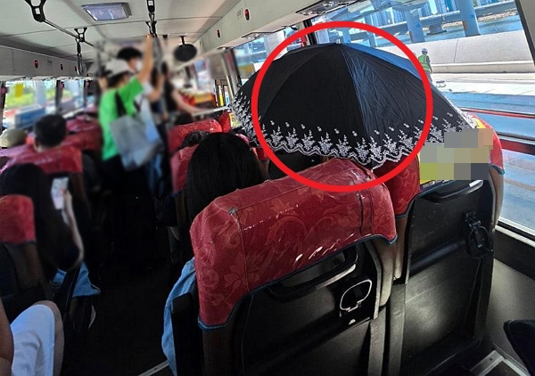 부산 한 시내버스 안에서 양산을 펼친 승객의 모습이 포착됐다.사진은 부산 한 시내버스에서 양산을 펼친 승객 모습. /사진=보배드림 캡처