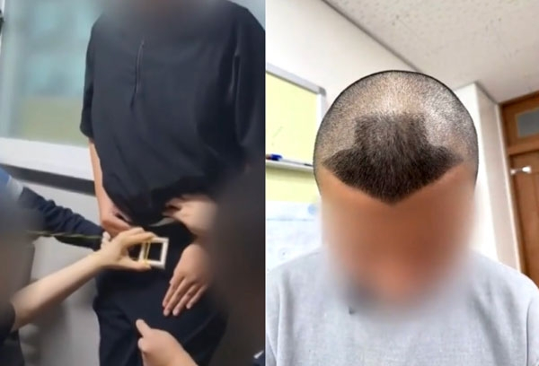한 중학생에게 '성고문'에 가까운 폭행을 저지르고 모욕적인 행위를 강요한 학원 원장의 수위 높은 기행이 전해져 충격이다.고무줄로 성기를 폭행하는 장면,화살표 모양으로 삭발한 모습./사진=JTBC '사건반장' 캡