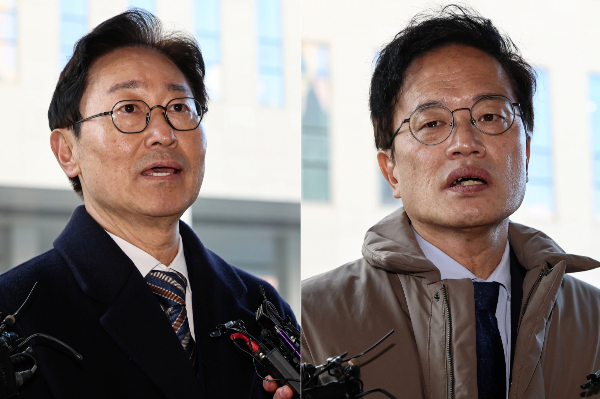 박범계,박주민 더불어민주당 의원이 '국회 패스트트랙 충돌' 사건에 대한 1심에서 벌금형 선고를 유예받았다.사진은 지난달 28일 박범계,박주민 의원이 서울 양천구 남부지방법원에서 열린 국회 패스트트랙(신속처리안건