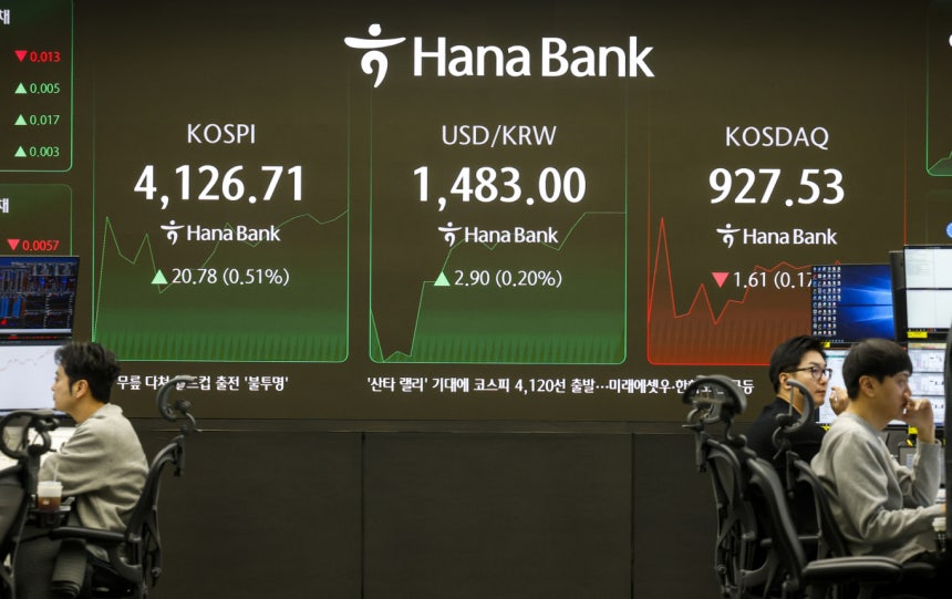 미국 증시가 산타랠리 기대감에 상승 마감한 가운데 코스피도 장 초반 상승세다.다만 환율은 1483원을 기록했다.사진은 이날 오전 서울 중구 하나은행 딜링룸 전광판에 표시된 개장시황과 환율./사진=뉴시스