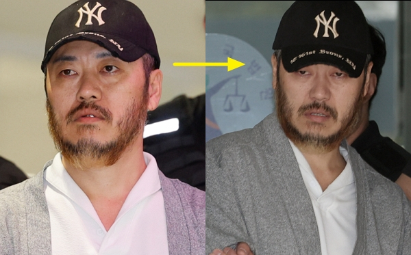 필리핀에서 한국인 3명을 살해하고 국내로 마약을 밀반입한 혐의를 받는 이른바 '마약왕' 박왕열이 이틀 만에 달라진 눈빛으로 나타났다. 사진은 '마약왕' 박왕열이 지난달 25일 국내