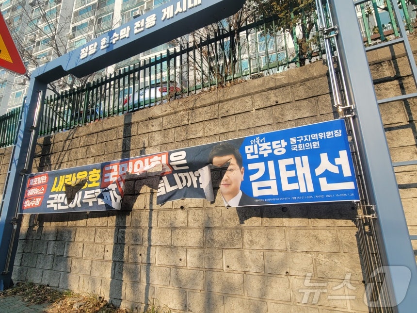 지난 20일 울산 동구 방어동에서 김태선 민주당 의원이 국민의힘을 비판하며 내건 현수막이 찢긴 채 발견돼 경찰이 수사에 착수했다.(김태선 의원실 제공)