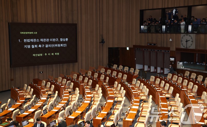 <b>이완규</b>·<b>함상훈</b> 헌법재판관 <b>지명 철회 결의안</b> 본회의 통과…국힘 퇴장