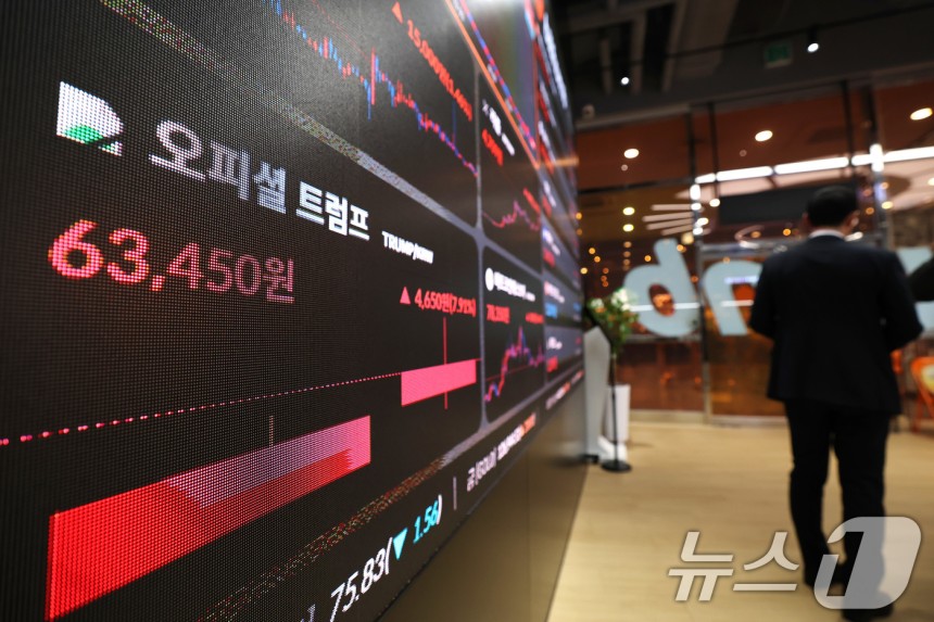 22일 오후 서울 서초구 빗썸라운지 전광판에 도널드 트럼프 미국 대통령이 발행한 밈 코인 '오피셜 트럼프(TRUMP)' 시세가 표시되고 있다.2025.1.22/뉴스1 ⓒ News1 임세영 기자