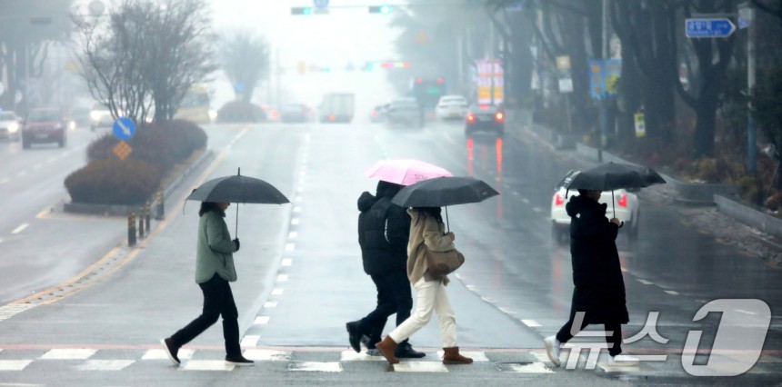 전국 대부분 지역에 눈이나 비가 내린 전북자치도 전주시 백제대로에서 우산을 쓴 시민들이 발걸음을 재촉하고 있다.2025.2.12/뉴스1 ⓒ News1 유경석 기자