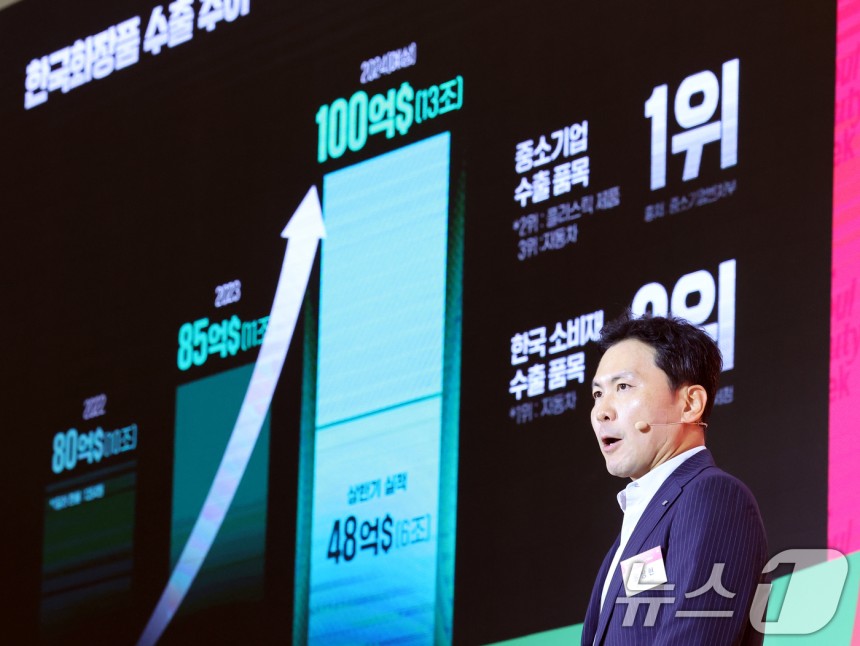 윤상현 한국콜마 부회장이 1일 서울 중구 동대문디자인플라자(DDP)에서 열린 '2024 서울뷰티위크' 개막식에서 기조강연을 하고 있다.오는 3일까지 열리는 이번 행사는 동대문디자인플라자는 물론 명동&#8231;홍대