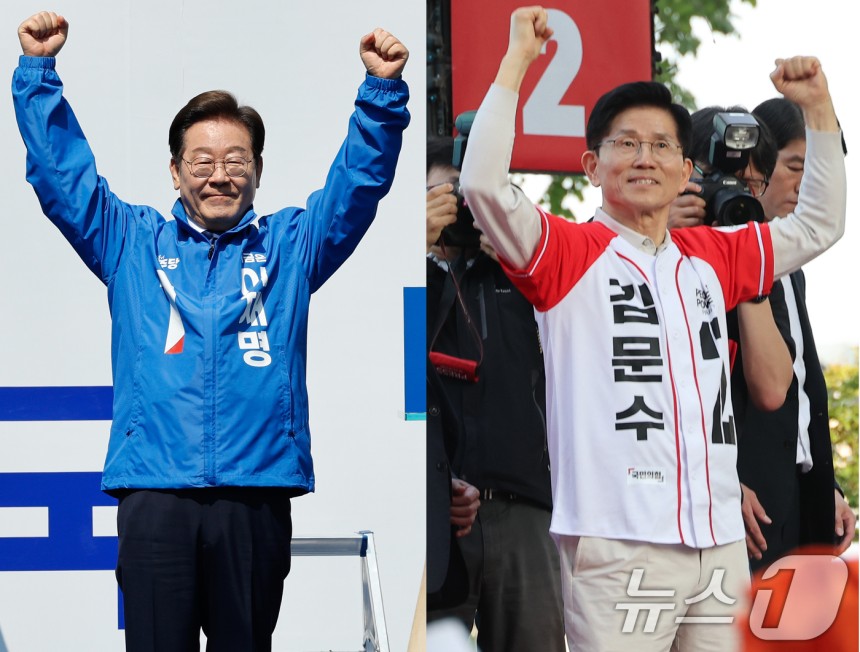 이재명 더불어민주당 대통령 후보(왼쪽), 김문수 국민의힘 후보가 제21대 대통령 선거 공식 선거운동 첫날인 12일 서울 중구 청계광장, 대구 서문시장에서 각각 지지를 호소하고 있다. 2025.5.12/뉴스1 ⓒ Ne