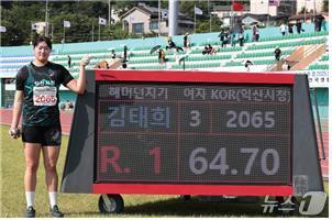 <b>여자 해머던지기 김태희</b>, 한국신기록