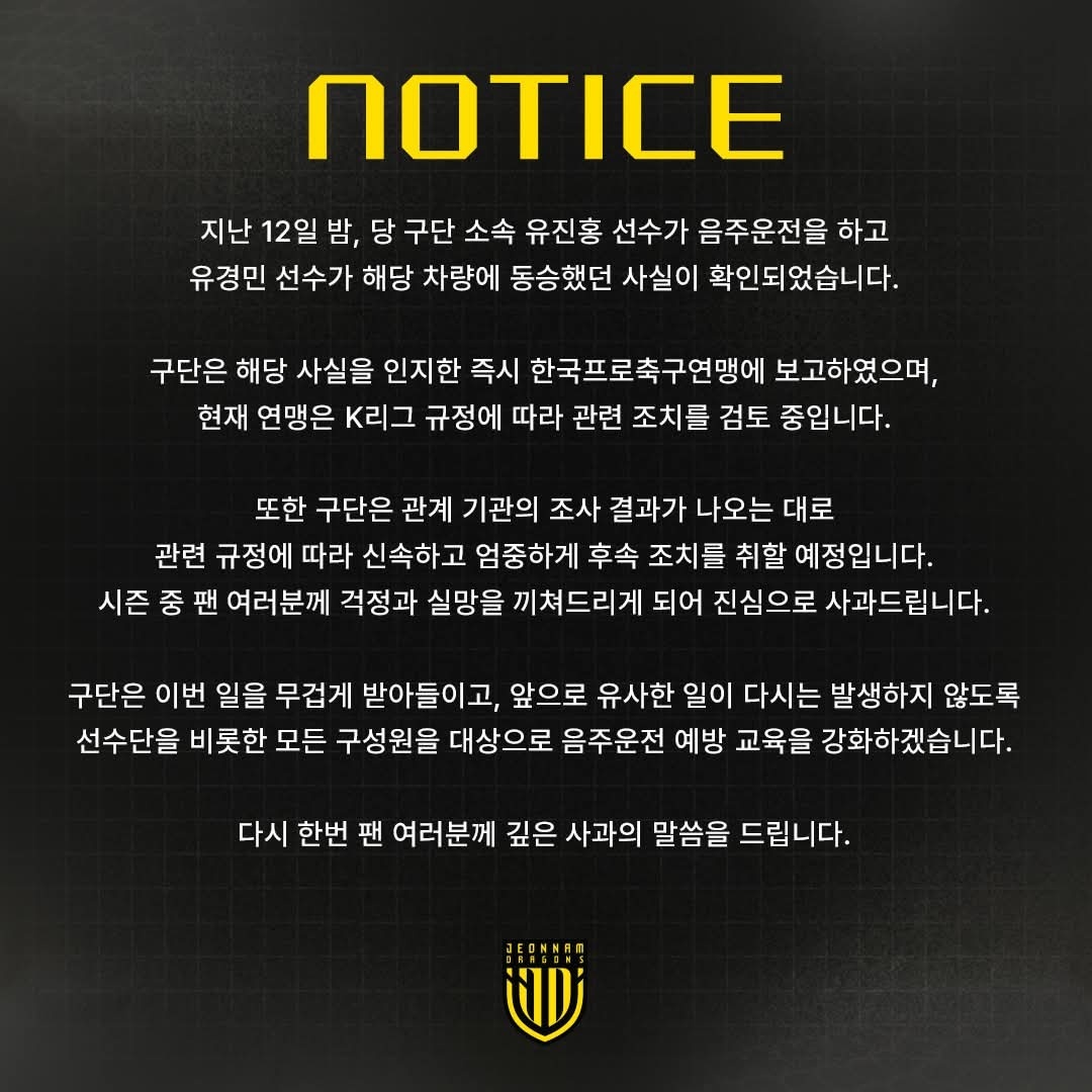 K리그2 <b>전남 유진홍</b>, <b>음주운전</b> 적발…60일 활동 정지 (종합)