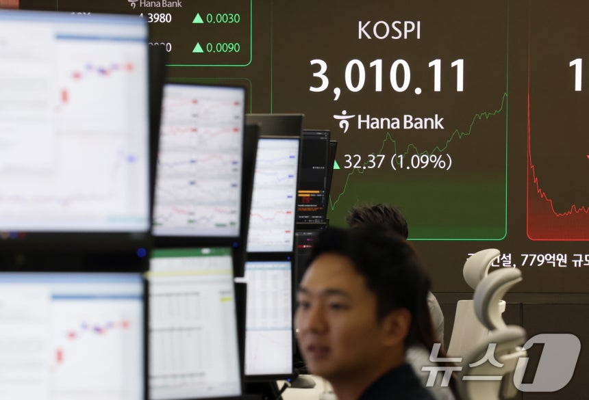 코스피가 3년 6개월 여 만에 장중 3000선을 돌파한 20일 오전 서울 중구 하나은행 본점 딜링룸 전광판에 코스피 지수가 표시되고 있다.  2025.6.20/뉴스1 ⓒ News1 오대일 기자