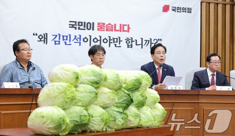 <b>배추</b> 18포기 쌓아놓고 '<b>김민석</b> <b>청문회</b>'…국힘 "제2의 조국"