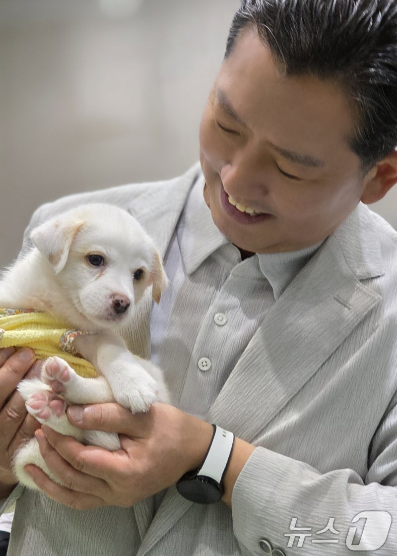 입양기다리는 강아지 살펴보는 김장호 <b>구미</b>시장