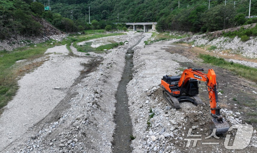 지난달  31일 강원 강릉시 주요 상수원인 오봉저수지 상류에서 한 관계자가 포크레인으로 물길을 내고 있다. (뉴스1 DB) ⓒ News1 김성진 기자