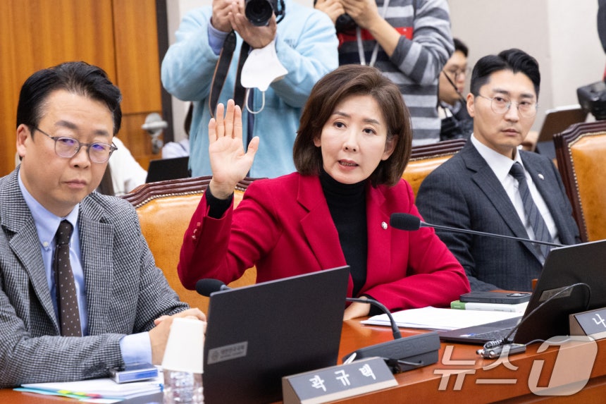 나경원 국민의힘 의원이 11일 서울 여의도 국회에서 열린 제429회국회(정기회) 법제사법위원회 제13차 전체회의에서 발언권을 신청하고 있다. 2025.11.11/뉴스1 ⓒ News1 이승배 기자