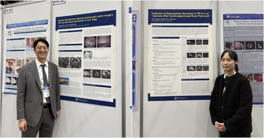FASAVA 2025에서 포스터 발표한 김용선 본동물의료센터 대표원장(왼쪽)과 조윤정 내과 과장(본동물의료센터 제공) ⓒ 뉴스1