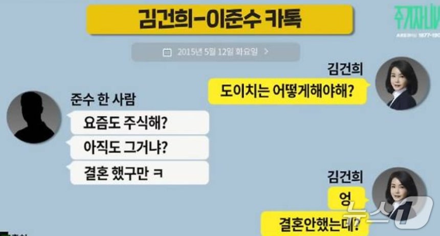 유튜브 채널 '주기자 라이브'가 지난 8일 공개한 김건희 여사와 도이치모터스 주가조작 주포 이준수 씨의 카톡 대화 내용. (유튜브 갈무리) ⓒ 뉴스1