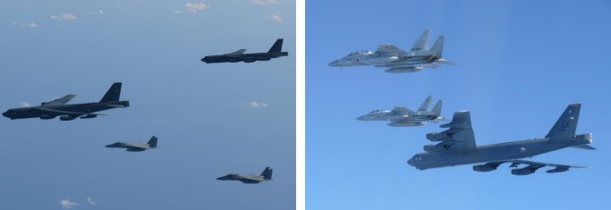 10일 미군의 B-52 전략폭격기 2대와 일본 항공자위대의 F-35 전투기와 F-15 전투기 각각 3대가 동해 공역에서 전술 훈련을 실시하는 모습.(사진=통합막료감부 보도자료 갈무리)