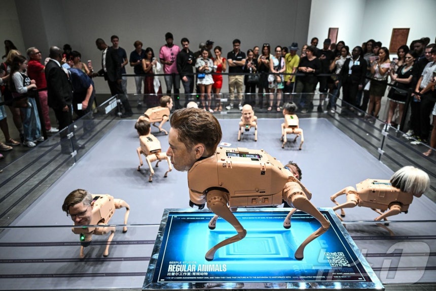 디지털 아티스트 '비플'이 미국 플로리다주 마이애미 비치 컨벤션센터에서 열린 '아트 바젤 2025' 박람회를 통해 선보인 유명인의 얼굴을 한 로봇개들.2025.12.07 ⓒ AFP=뉴스1 ⓒ News1 이지예 객원