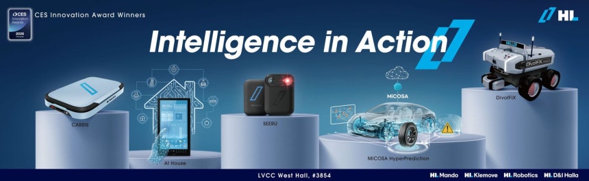 CES 2026에서 혁신상을 수상한 HL그룹의 제품들.왼쪽부터 HL로보틱스 물류로봇 '캐리',HL디앤아이한라 '스마트홈 제어 시스템',HL클레무브 휴대용 안전 센서 '시루',HL만도 차량용 소프트웨어 '마이코