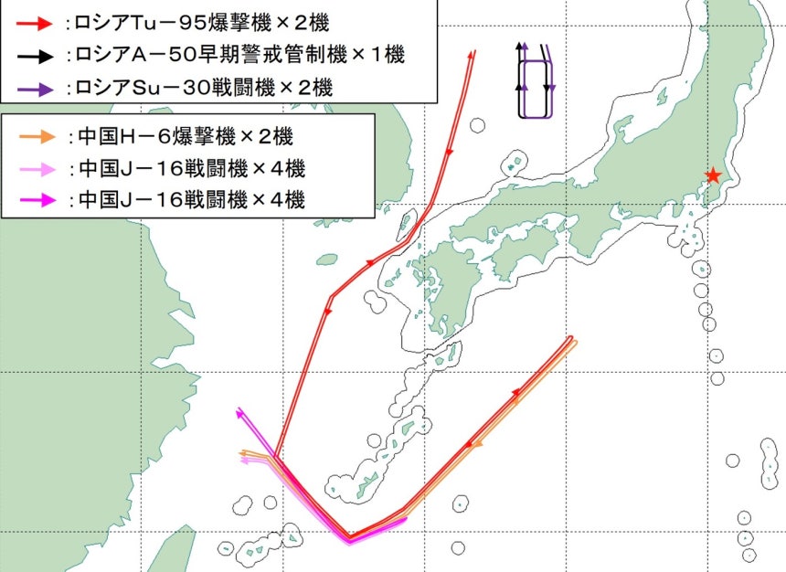 지난 9일 중국과 러시아 폭격기의 일본 주변 이동 경로.붉은색 별이 도쿄 위치.(사진=통합막료감부 보도자료 갈무리)