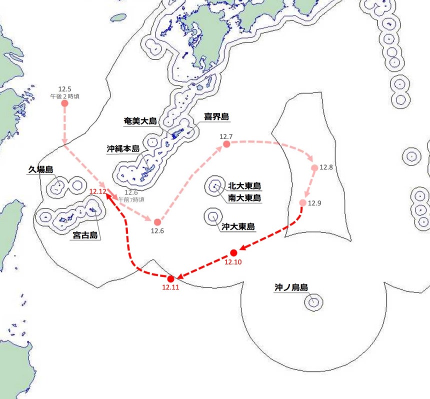 지난 6~12일 중국 항공모함 랴오닝함 선단의 일본 주변 해역 이동 경로.(사진=통합막료감부 보도자료 갈무리)
