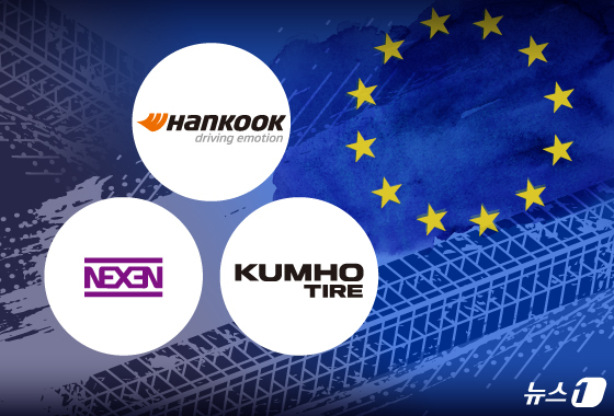 국내 타이어 3사인 한국타이어앤테크놀로지,금호타이어,넥센타이어 CI와 유럽연합(EU)기 ⓒ News1 김지영 디자이너