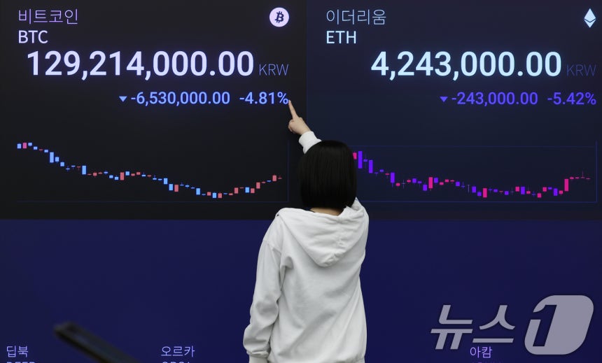 지난 1일 오후 서울 강남구 가상자산거래소 업비트 라운지 전광판에 비트코인 시세가 나타나고 있다.2025.12.1/뉴스1 ⓒ News1 오대일 기자