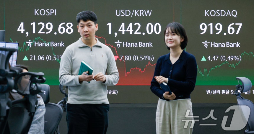 26일 오후 서울 중구 하나은행 딜링룸 전광판에 코스피,코스닥 종가와 원·달러 환율이 나오고 있다.이날 코스피는 전일 종가와 비교해 21.06포인트(p)(0.51%) 상승한 4129.68로 거래를 마쳤다.코스닥