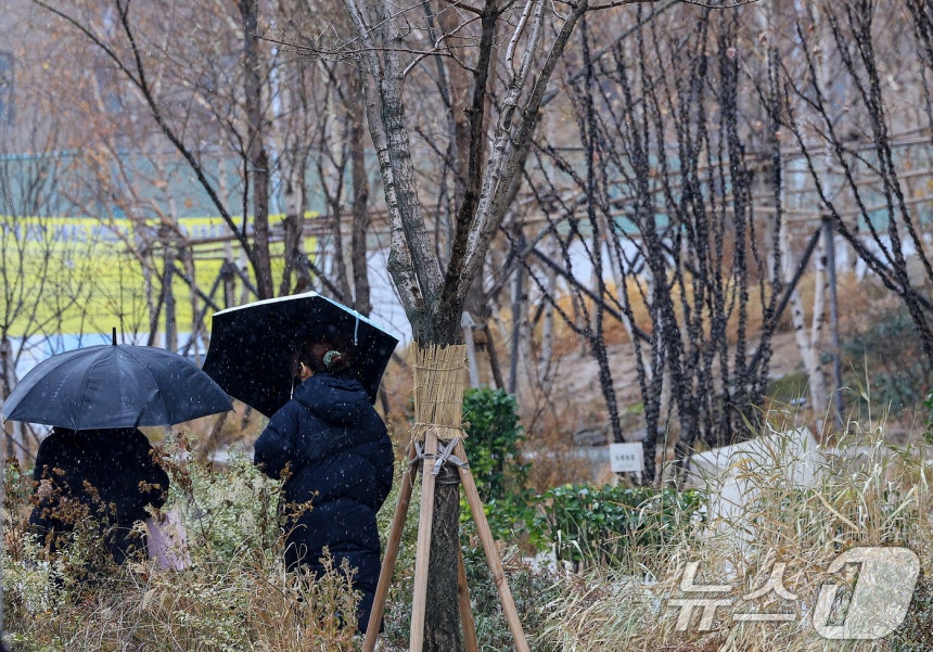 크리스마스 이브를 앞두고 진눈깨비가 내린 23일 서울 종로구 일대에서 시민들이 발걸음을 재촉하고 있다.2025.12.23/뉴스1 ⓒ News1 이호윤 기자