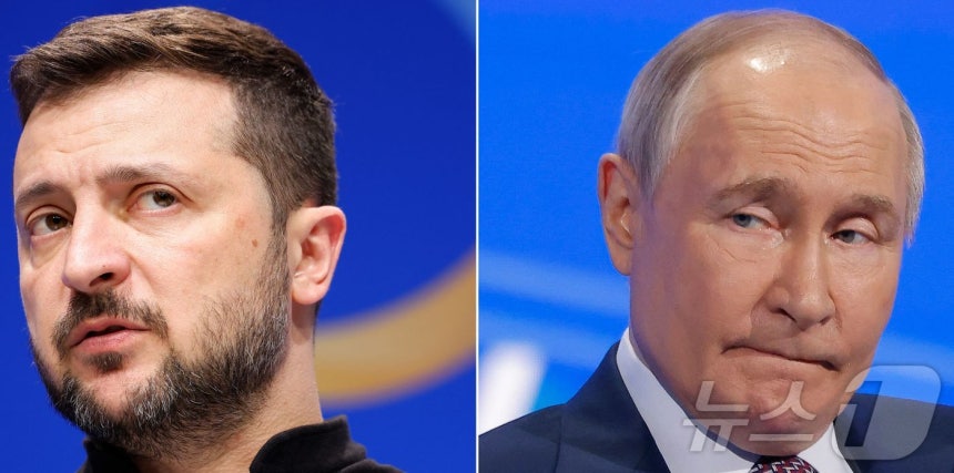 2024년 6월 11일 베를린에서 열린 우크라이나 복구 회의 중 독일 총리와의 기자 회견에서 우크라이나 대통령 볼로디미르 젤렌스키(왼쪽)와 2025년 3월 18일 모스크바에서 열린 러시아 산업가 및 기업가 연합 회의