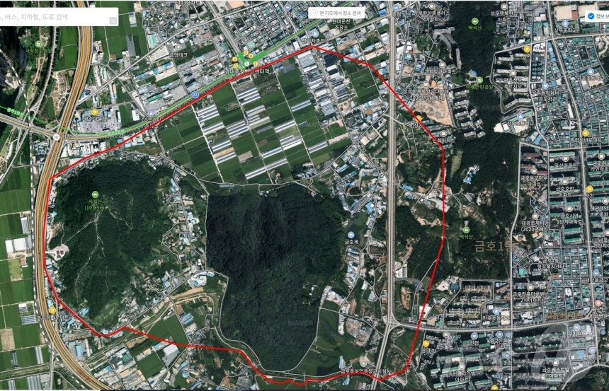 붉은색 선은 광주 서구 금호동·마륵동 '탄약고 제한보호구역'.(금호동 군사보호구역축소위원회 제공)/뉴스1