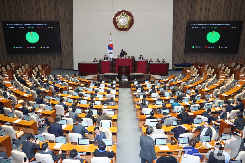 지난 12월 24일 서울 여의도 국회에서 열린 제430회국회(임시회) 제2차 본회의에서 정보통신망 이용촉진 및 정보보호 등에 관한 법률 일부개정법률안(대안)이 가결되고 있다.2025.12.24/뉴스1 ⓒ News1