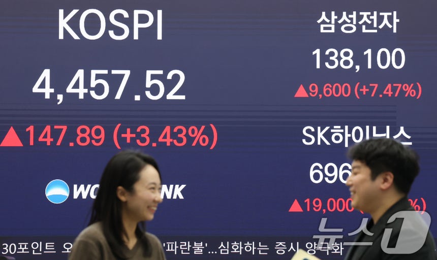 코스피가 국내 반도체 대장주 삼성전자·SK하이닉스의 강세에 힘입어 사상 최고치 기록을 갈아치운 5일 오후 서울 중구 우리은행 본점 딜링룸 전광판에 종가가 표시되고 있다.  2026.1.5/뉴스1 ⓒ News1 오대일