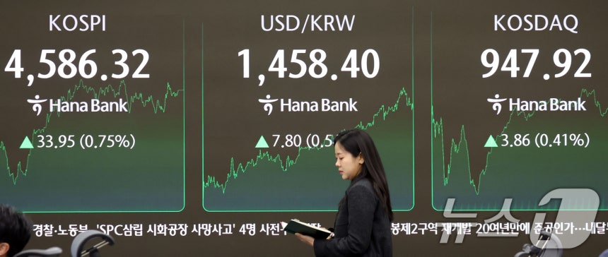 서울 중구 하나은행 본점 딜링룸 전광판./뉴스1 ⓒ News1